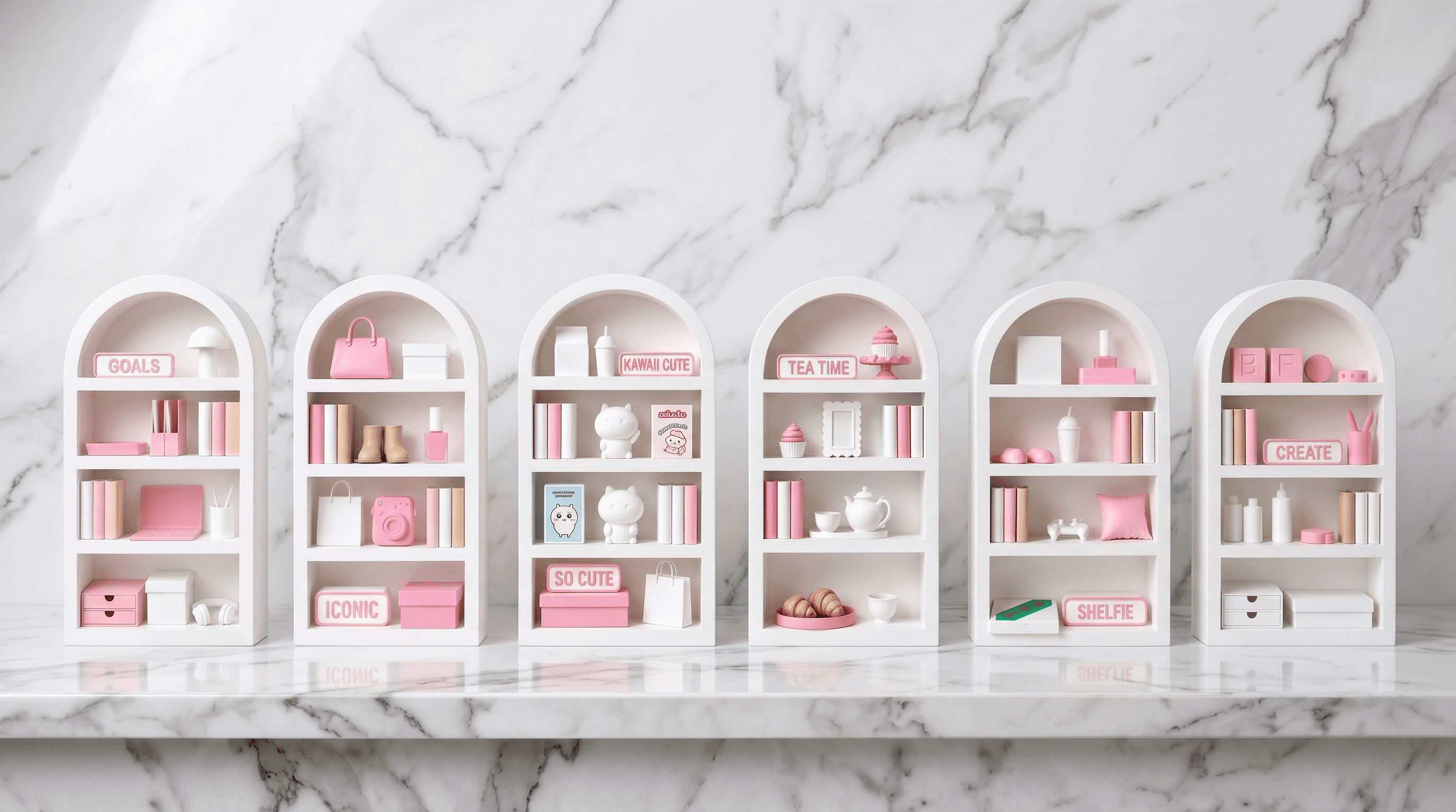 the shelfie collection — six handmade miniature shelves on marble